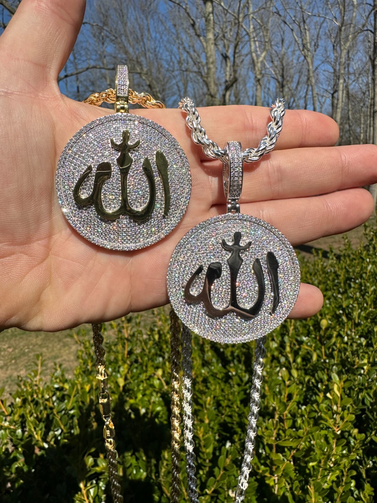 MOISSANITE Real 925 Silver / Gold Allah Medallion Arabic Necklace Pendant Iced