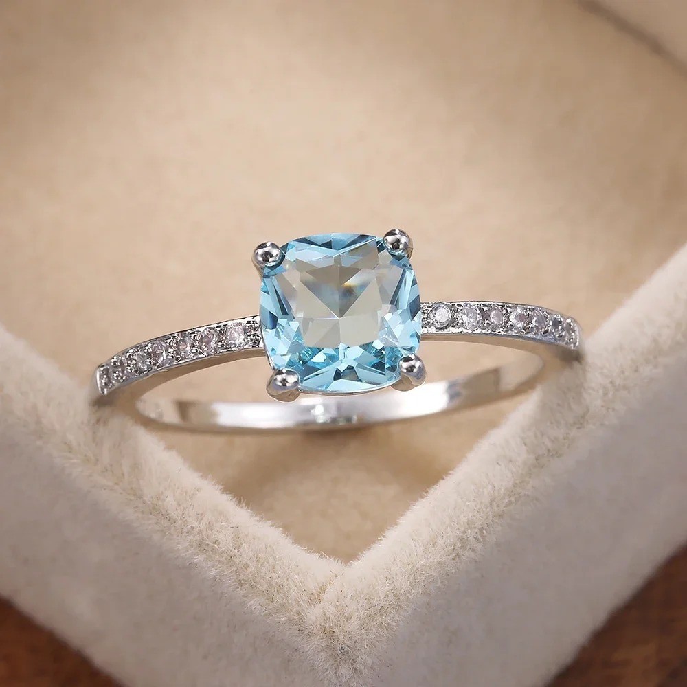 925 Sterling Silver Rings Blue Oval Zircon Women Fashion Jewelry Ring Size 5-10