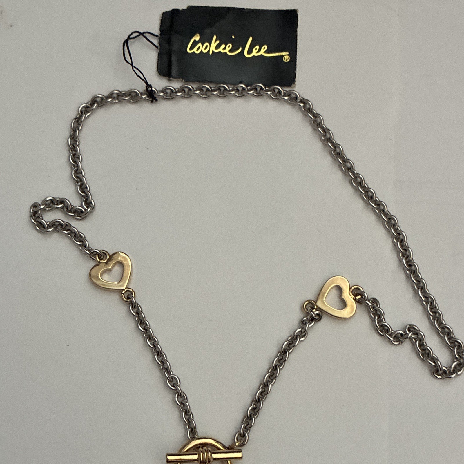 Cookie Lee Two-Tone Silver Gold Heart Charm Cable Chain