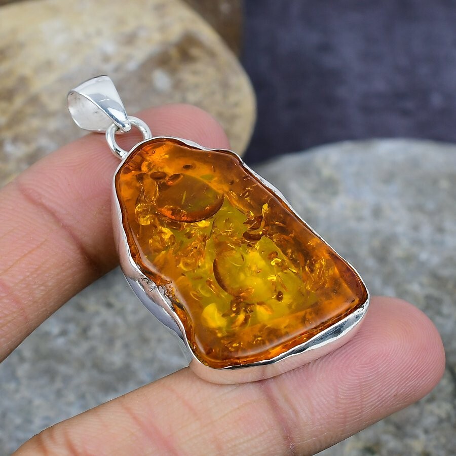 Baltic Amber Gemstone Handmade 925 Solid Sterling Silver Pendant Jewelry