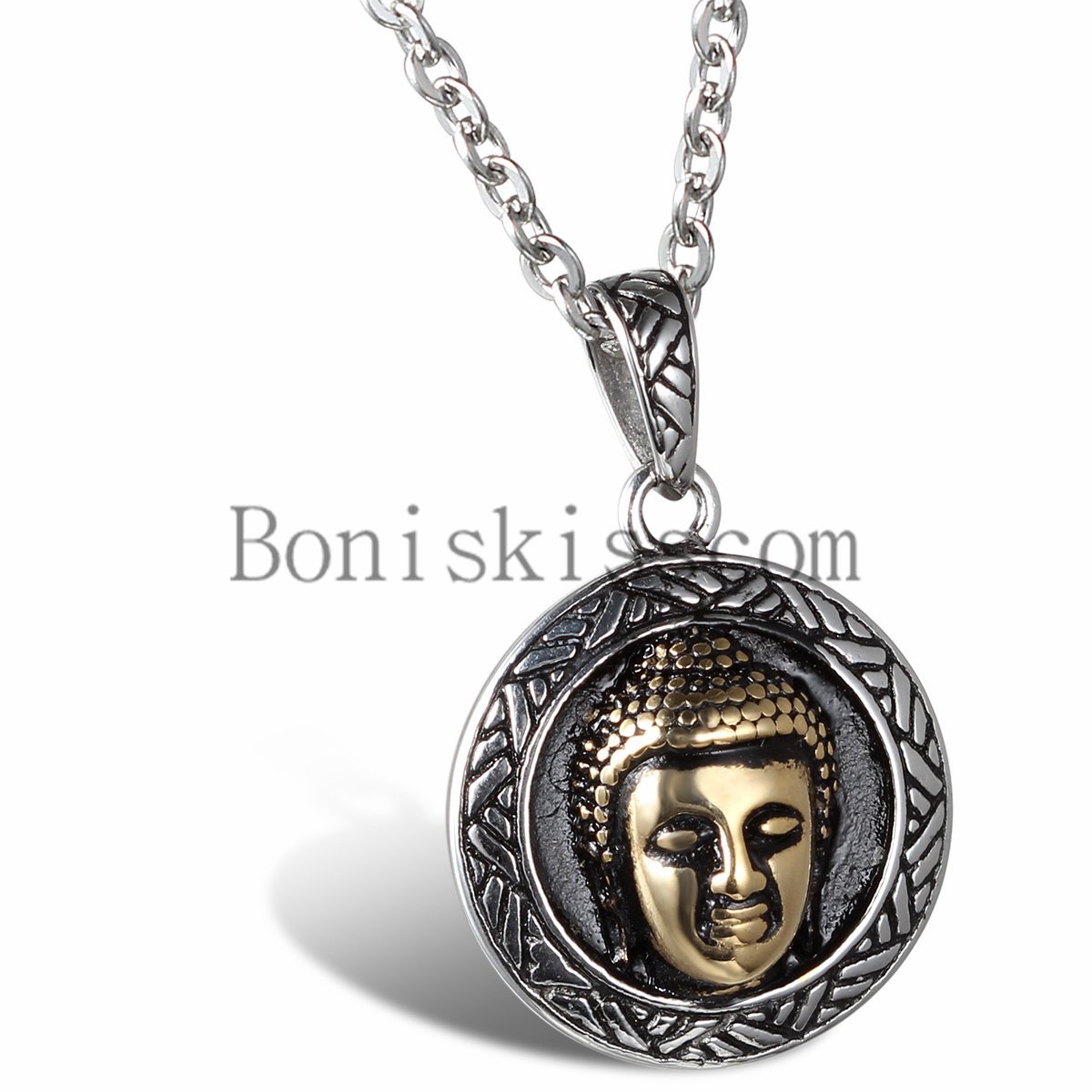 Stainless Steel Retro Silver Bronze Bodhi Buddha Lucky Round Pendant Necklace