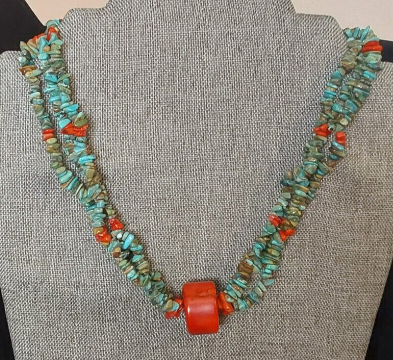 Multi-Strand Turquoise Sterling Silver & Coral Pendant Necklace