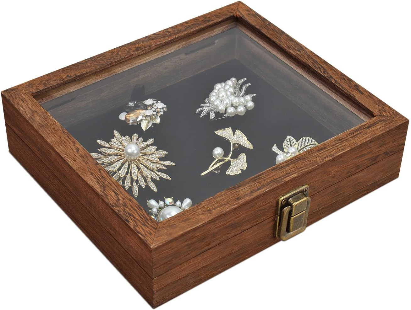 MOOCA Tempered-Glass Top Small Wooden Jewelry Display Case with Removable Black