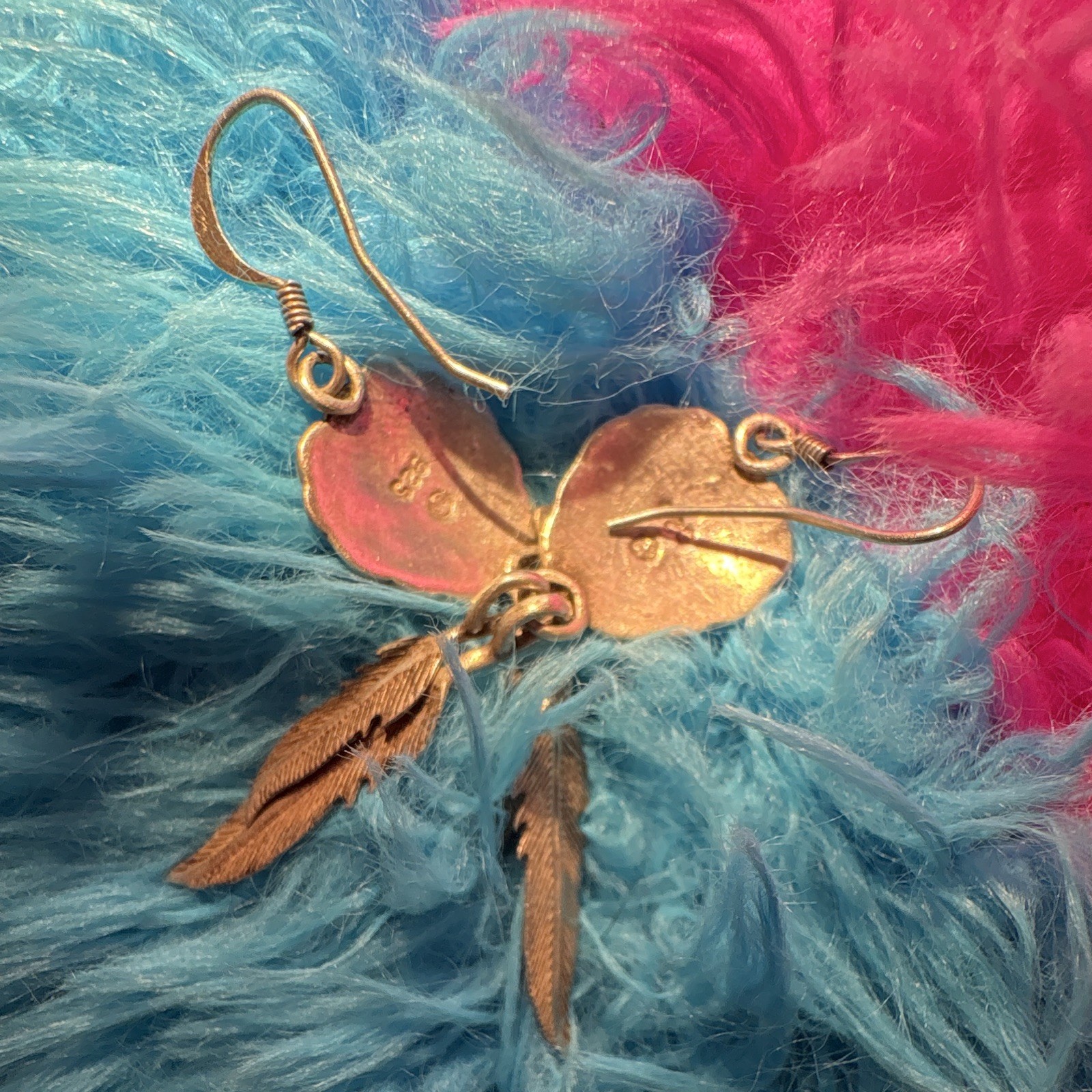 Gold Tone Heart Blue Turquoise Dangle Hook Earrings with Feather Charms