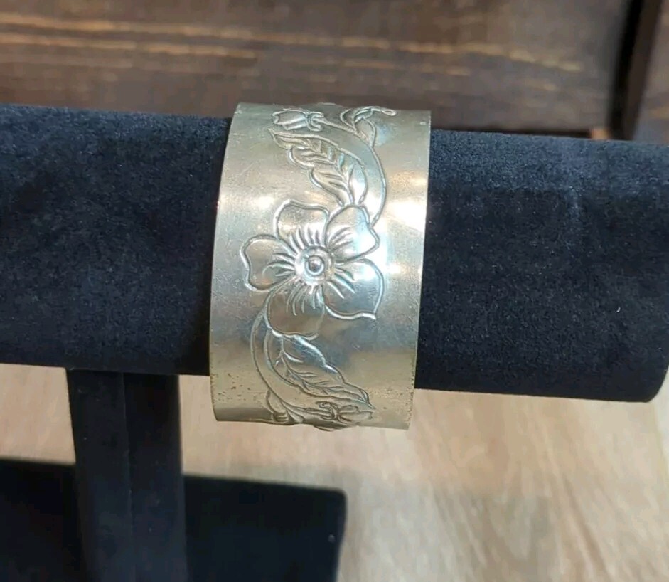 Vtg Engraved Nickel Silver Floral Cuff Bracelet Adjustable
