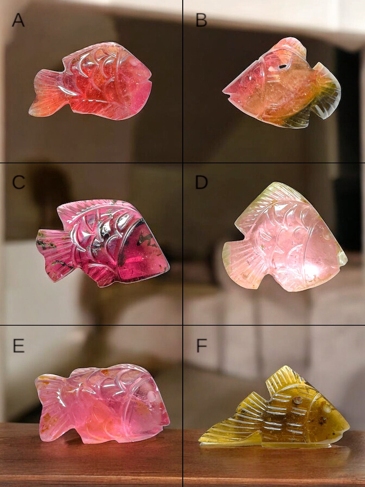 Tourmaline fish carvings, Tourmaline carved fish, Bicolor tourmaline carvings, F