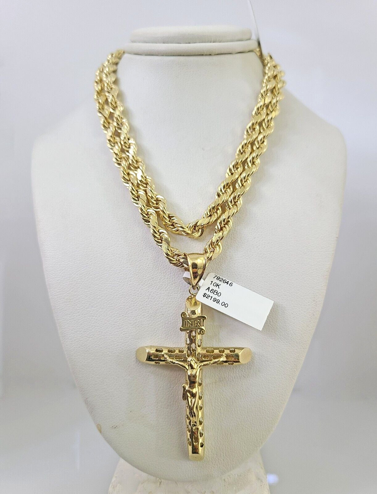 10kt Gold Rope Chain INRI Cross Charm Set 18″-30” Inch 6mm Necklace Pendant