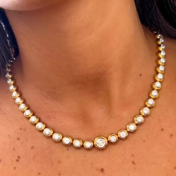 49Ct Lab Created Bezel Set Diamond 14k Yellow Gold Plated Modern Tennis Necklace