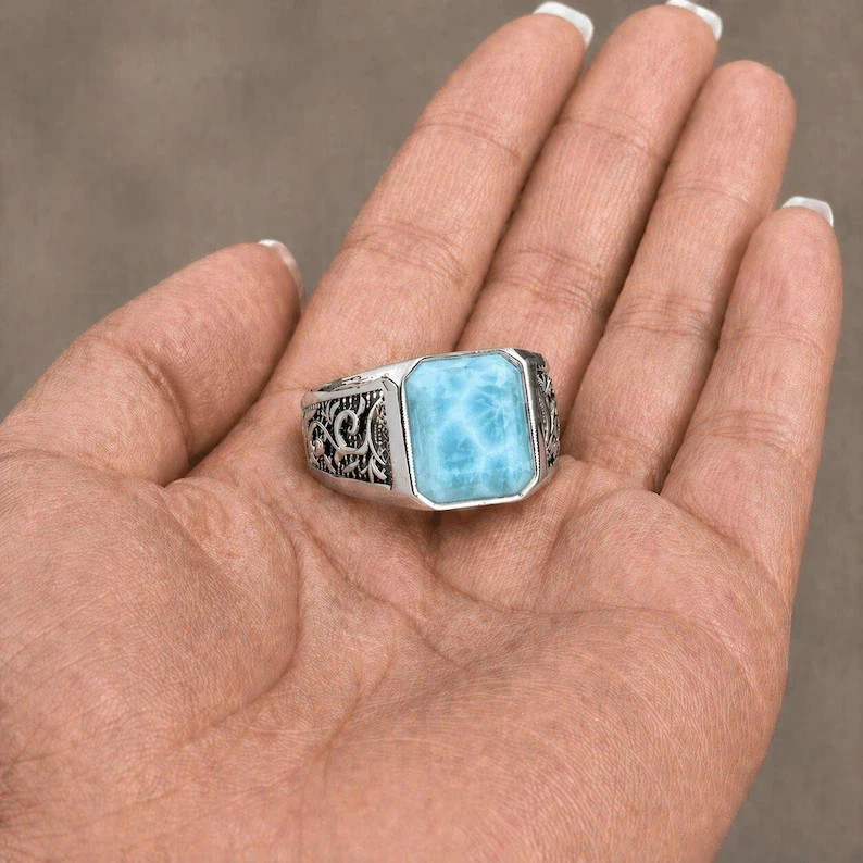 Natural Larimar Ring for Men Solid 925 Sterling Silver Signet Ring Handmade Gift