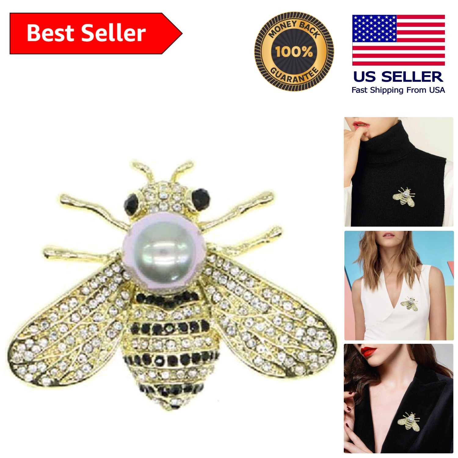Charming Bee Pin Brooch – 14K Gold & Pearl Accents, Ideal for Everyday Elegance