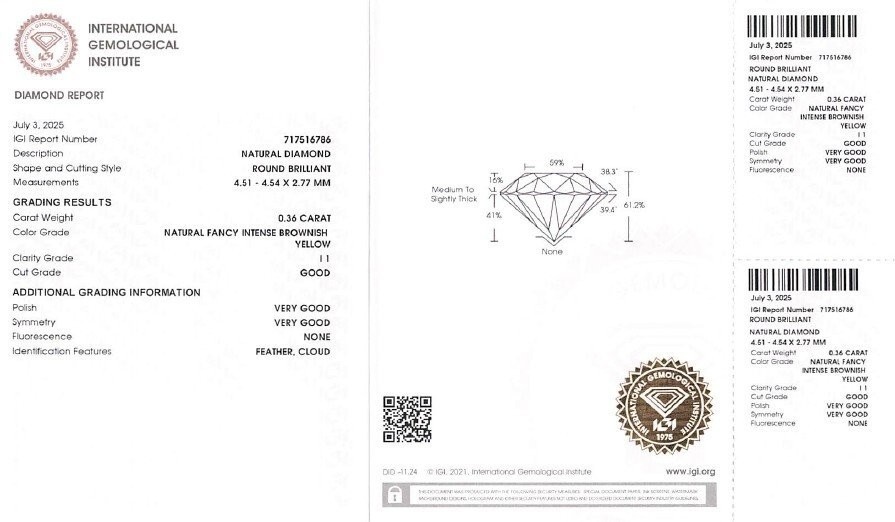 0.36 ct Natural Fancy Intense Brownish Yellow Diamond Round IGI Certified