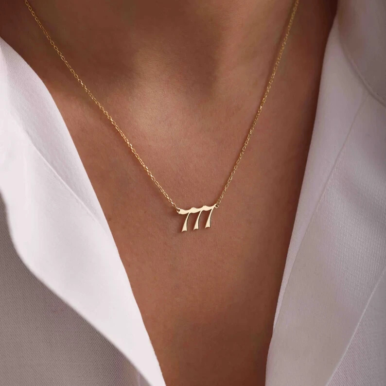 777 Angel Number Pendant Lucky Necklace Gift for Her 14k Yellow Gold Finish