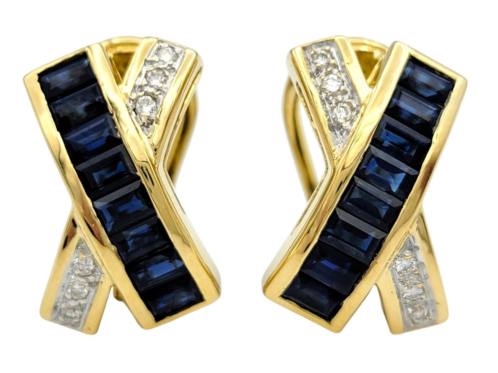 Le Vian Blue Sapphire and Diamond ‘X’ Omega Back Earrings 18 Karat Yellow Gold