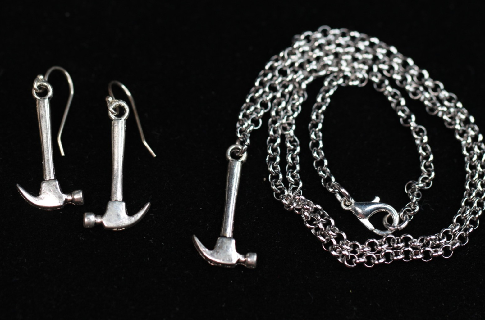 Hammer Tool Necklace Set Earrings Silver Pewter Charms, Sterling Silver Hooks