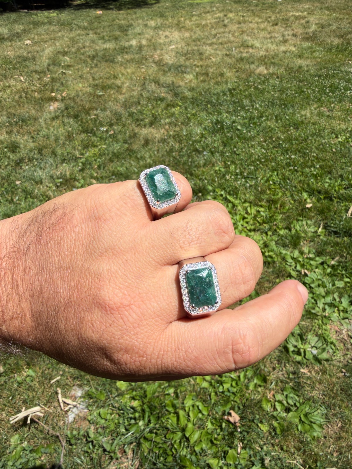 MOISSANITE Iced Natural 9ct Rectangle Green Emerald Stone Ring 925 Silver
