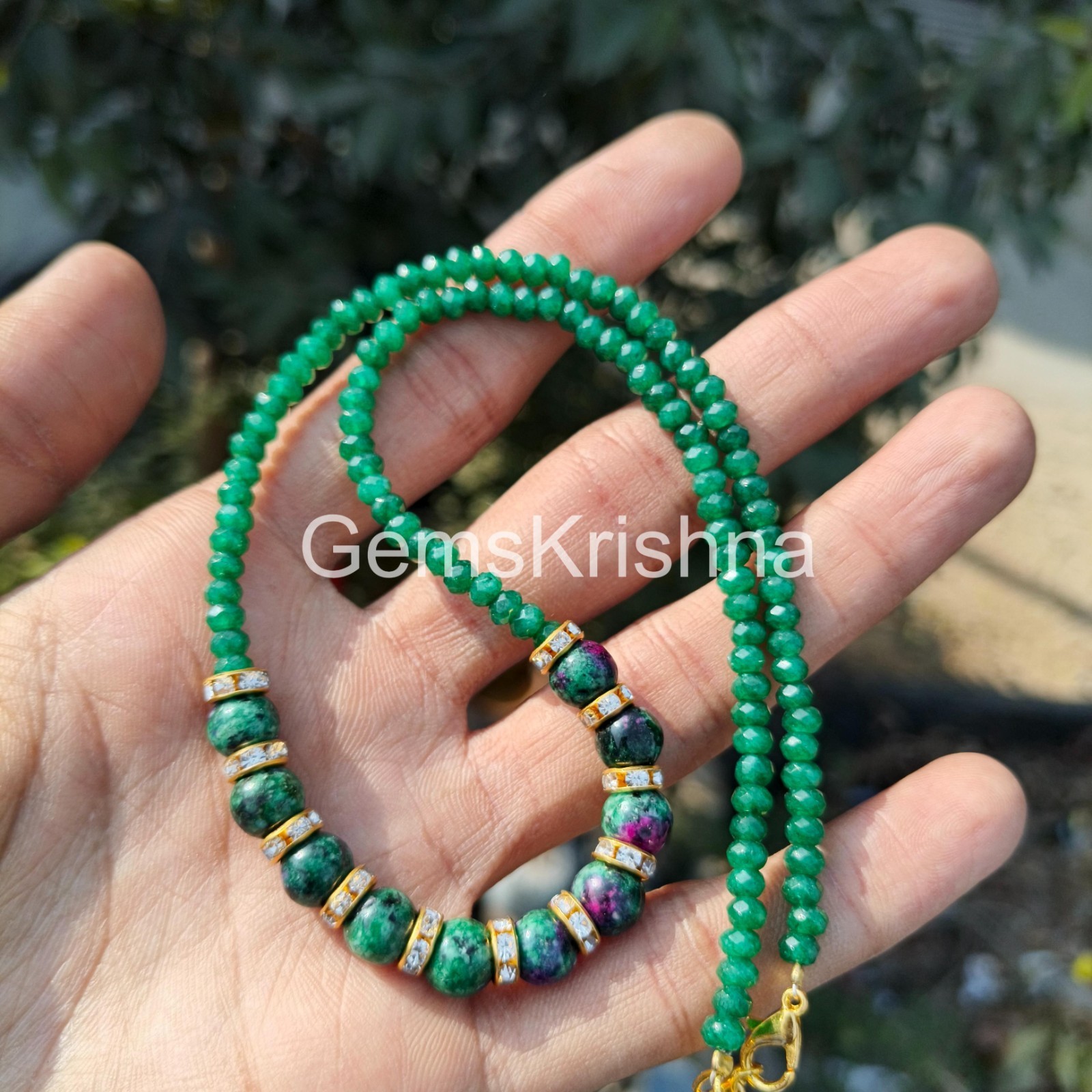 Green Jade Ruby Zoisite Necklace, Rondelle Beaded Gemstone Necklace, Handmade