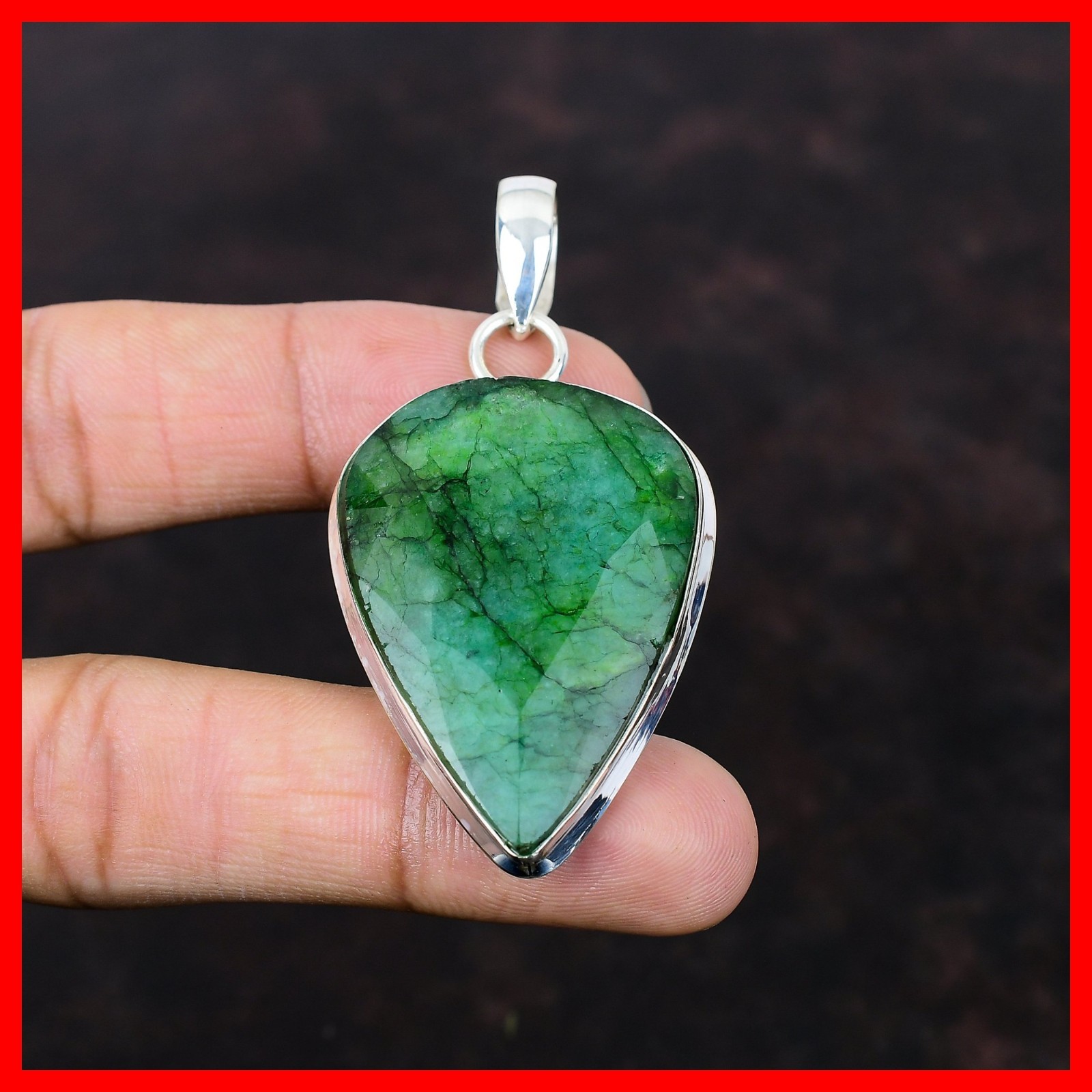 Sterling Silver Pear Zambian Emrald Stone Engagement Wedding Bezel Wife Pendant