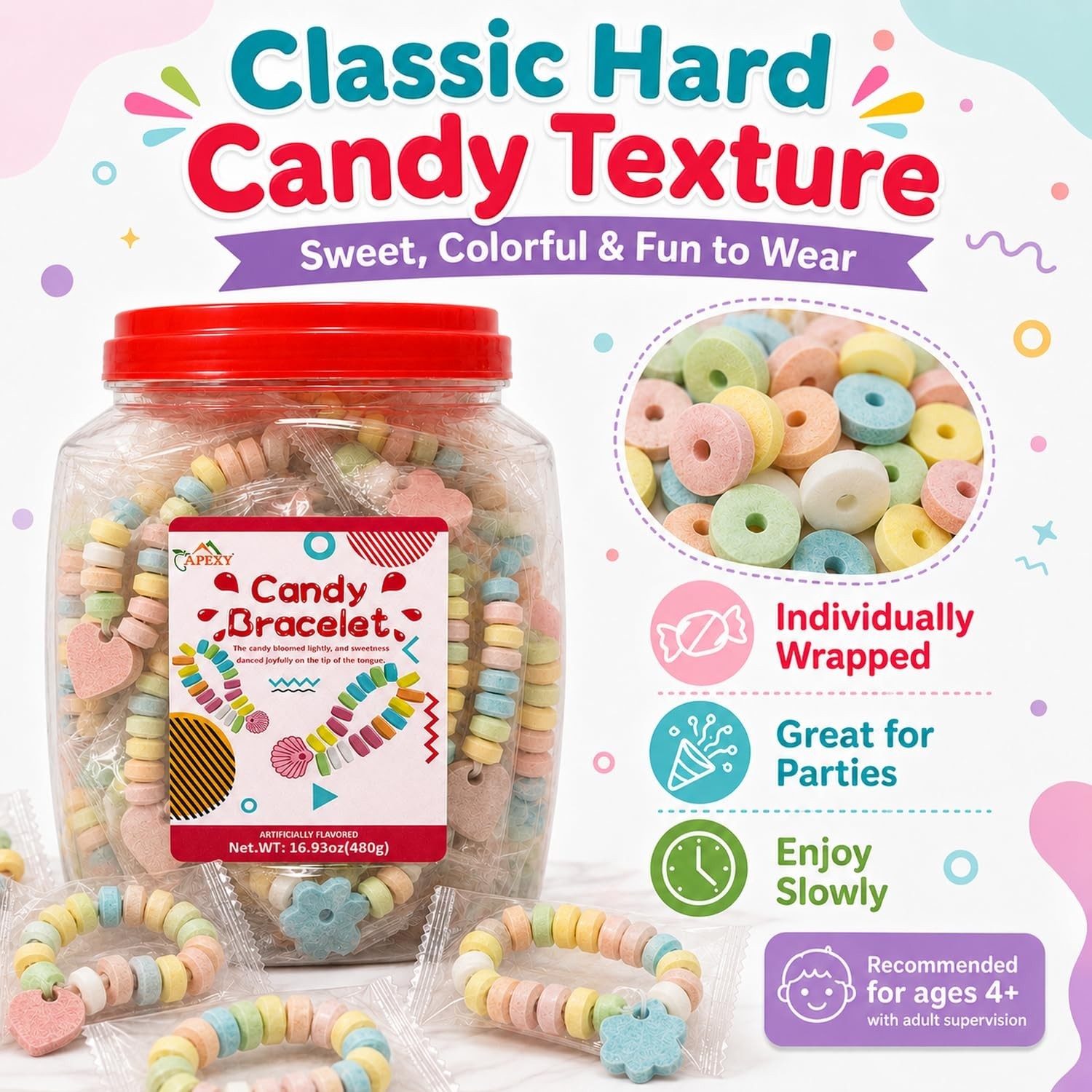 Mixed-Fruit Candy Bracelets – 40 Individually Wrapped for Halloween & Parties