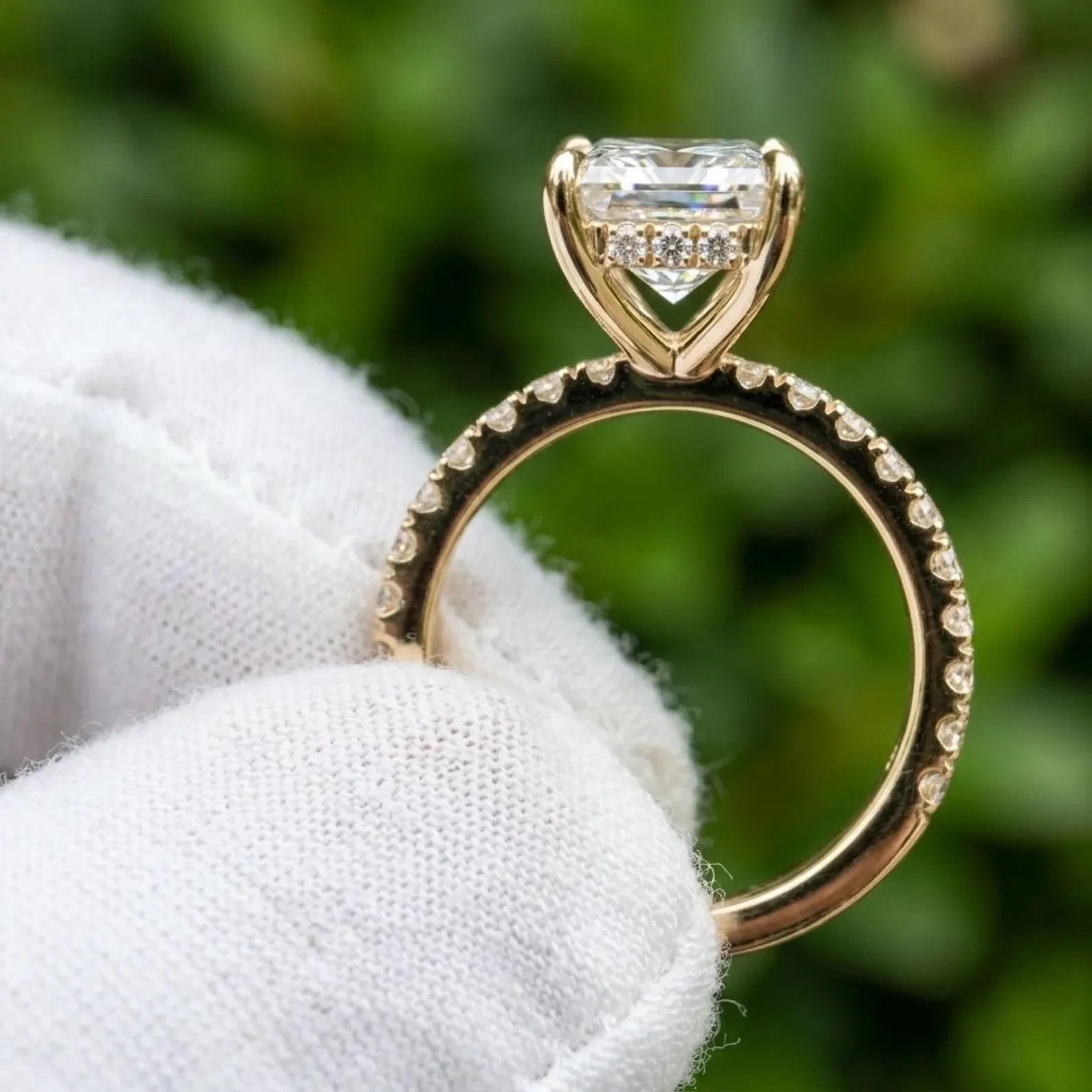 Radiant 2CT Lab Grown Diamond In 14k Yellow Gold For Hidden Halo Wedding Ring