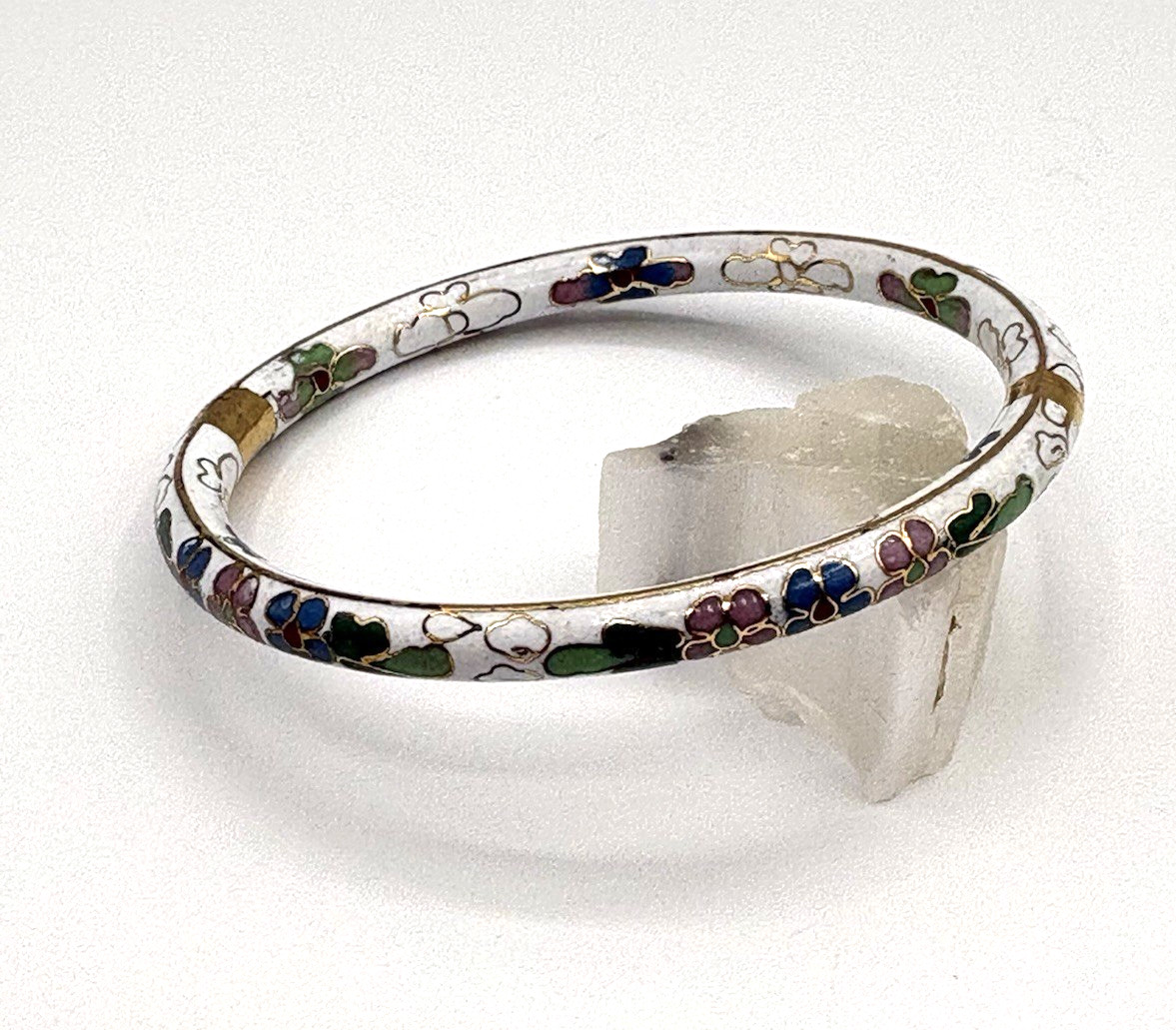 Hinged White Cloisonne Bangle Bracelet, Multi-colored Floral Enamel Bracelet