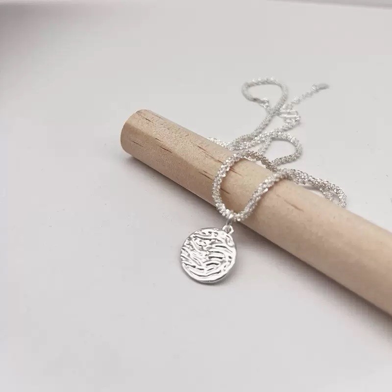 925 Silver Textured Coin Pendant Necklace Round Disc Charm Chain Necklace 127