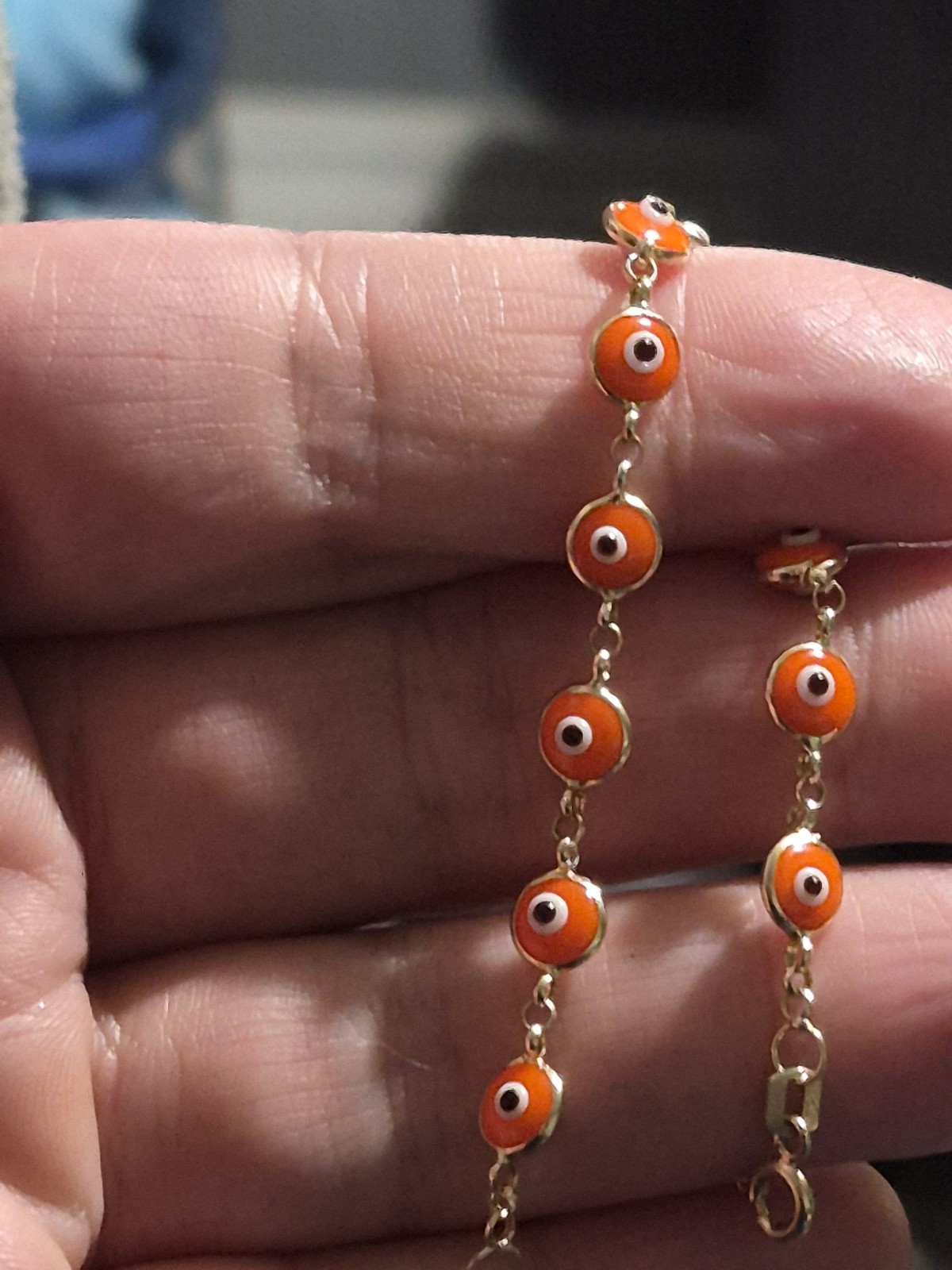 Solid Gold 14k 585 Stamped Evil Eye Bracelet Orange 6in