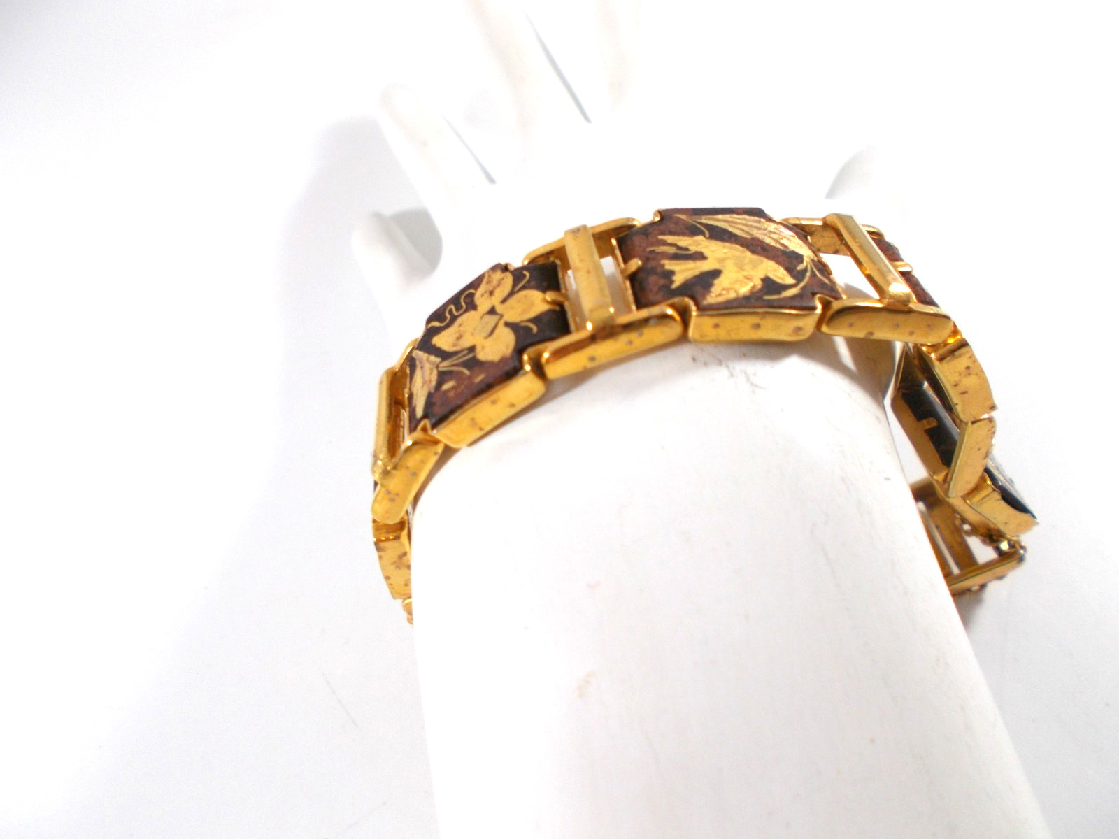 Damascene Style Panel Bracelet Bird Butterfly Flower Design with Safety Chain