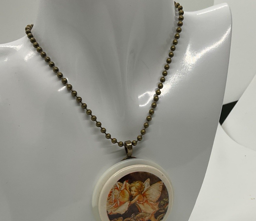 White Round Charm Pendant Necklace Bronze-Tone Plastic Ball/Bead Chain