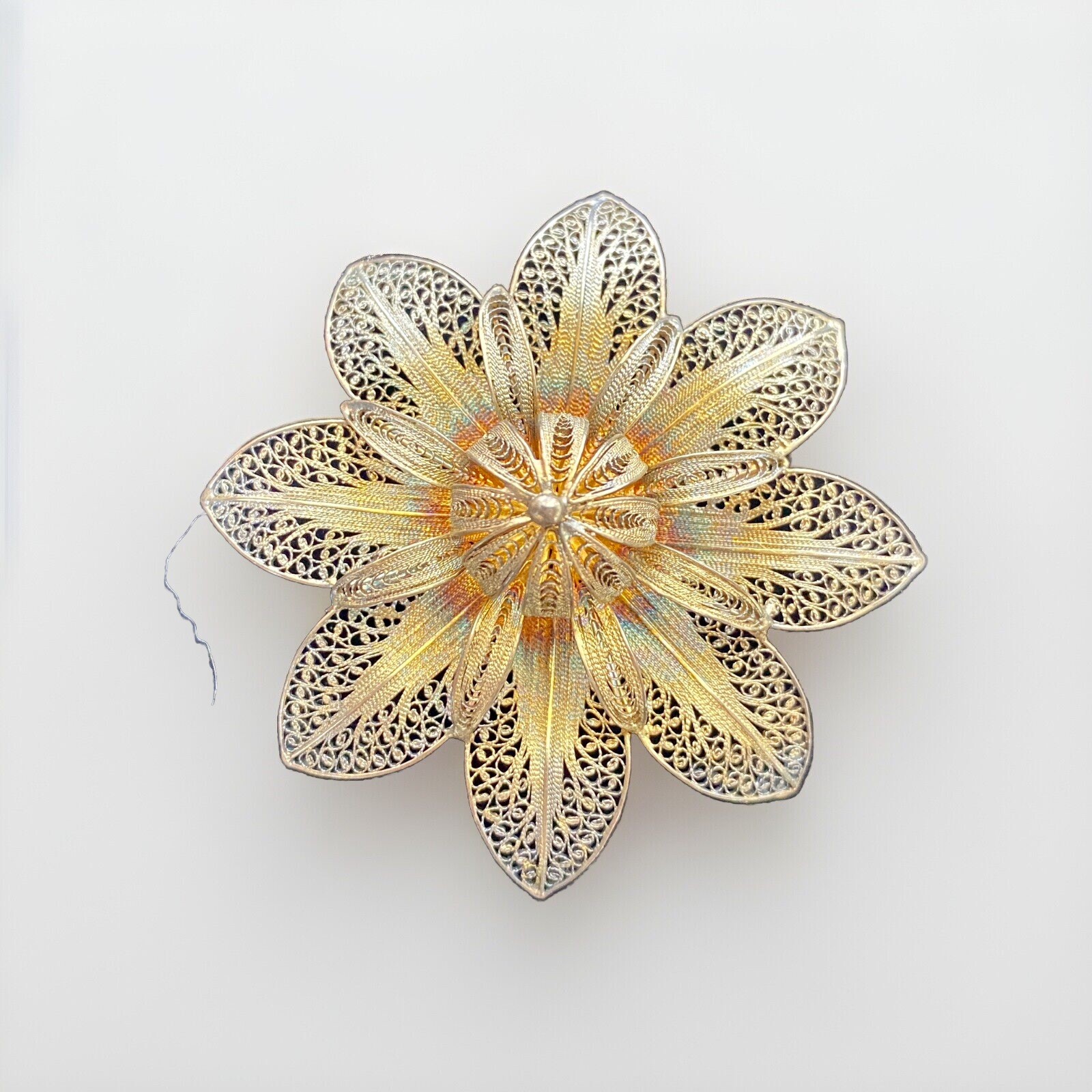Vintage 2-3/8″ Wide Fine Silver Filigree Flower Brooch with Gold Wash 12 Grams