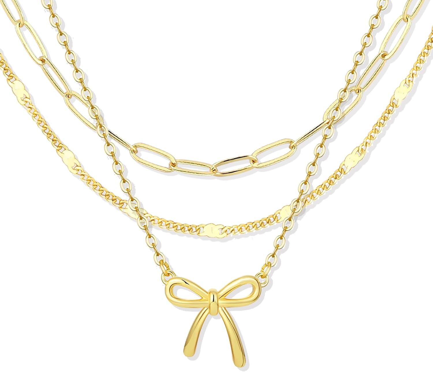 Layered Glod Bow Necklaces for Women 14K Gold Plated Stackable Dainty Choker Nec
