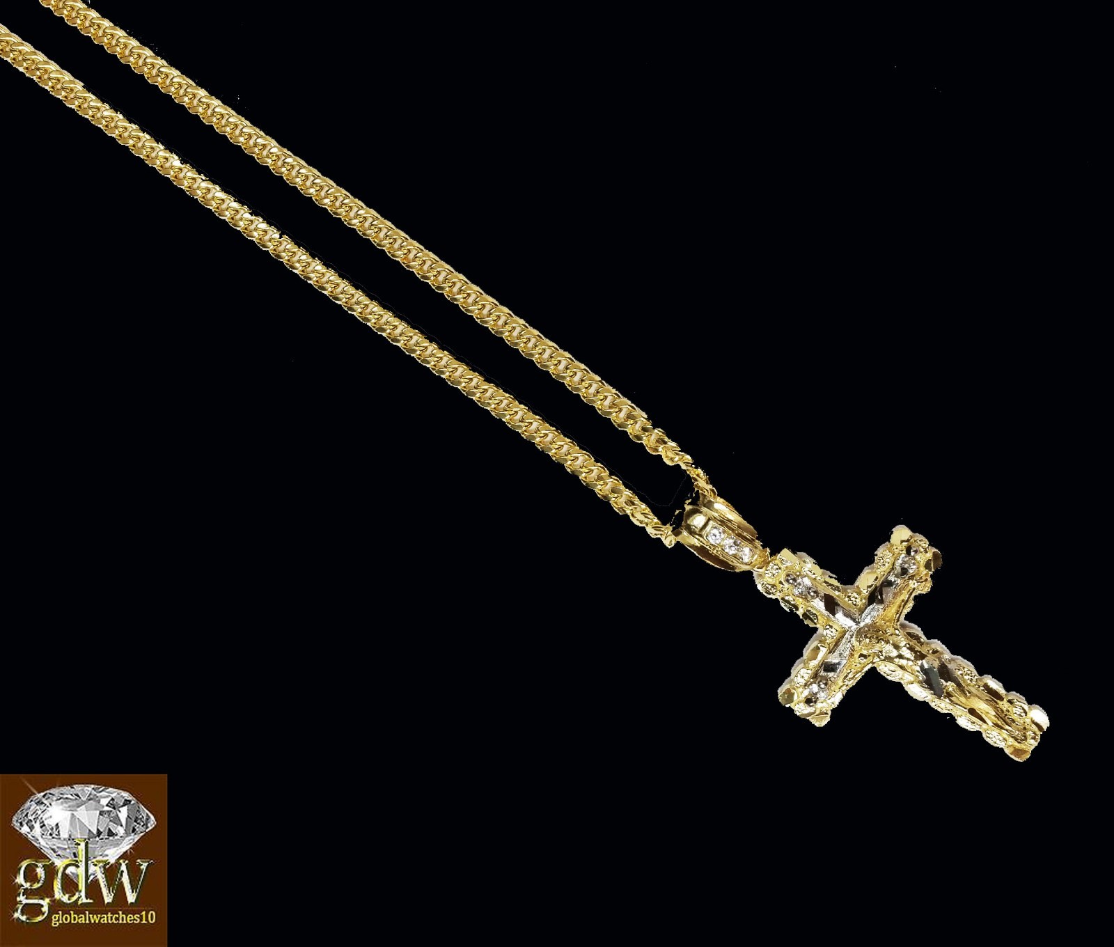 Real 10k Yellow Gold Cross Jesus Charm Pendant Miami Cuban 20″ Necklace