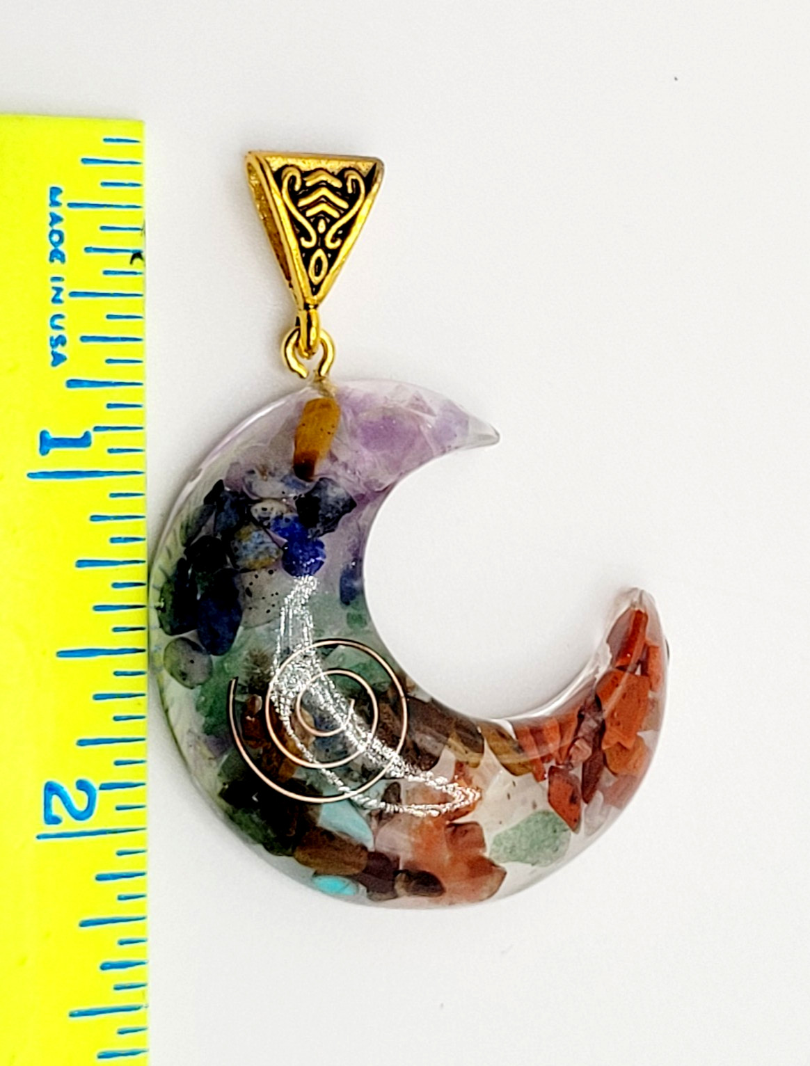 Crescent Moon Shape Orgone Chakra Crystal Chip Pendant Ornate Bail No Chain