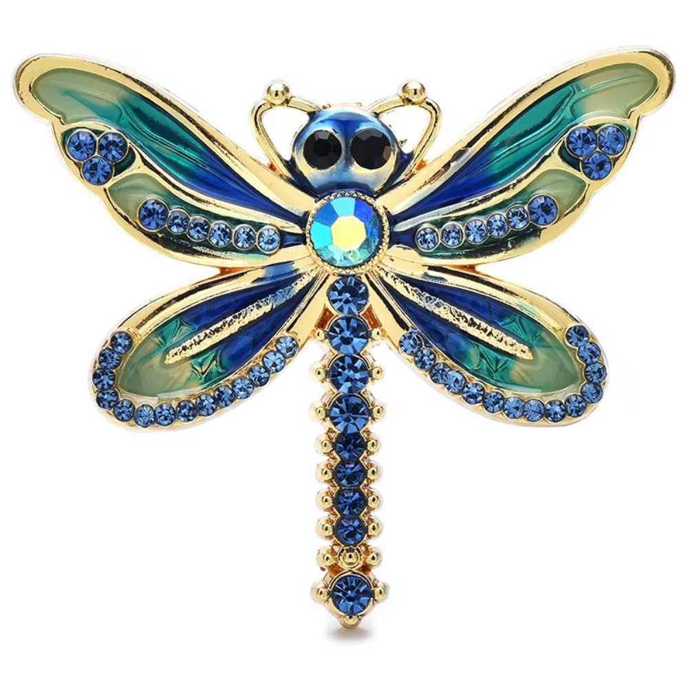 Blue Crystal Dragonfly Brooch Vintage Style Gold Insect Pin Summer Jewelry Gift