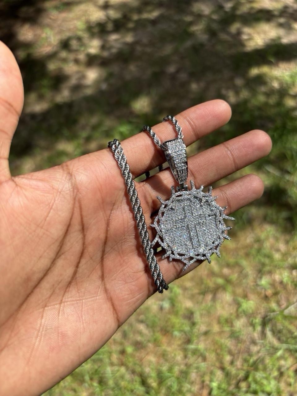 5AAA+ CZ PVD Plated Cross Thorn Circle Iced HipHop Pendant With 60 Cm Rope Chain