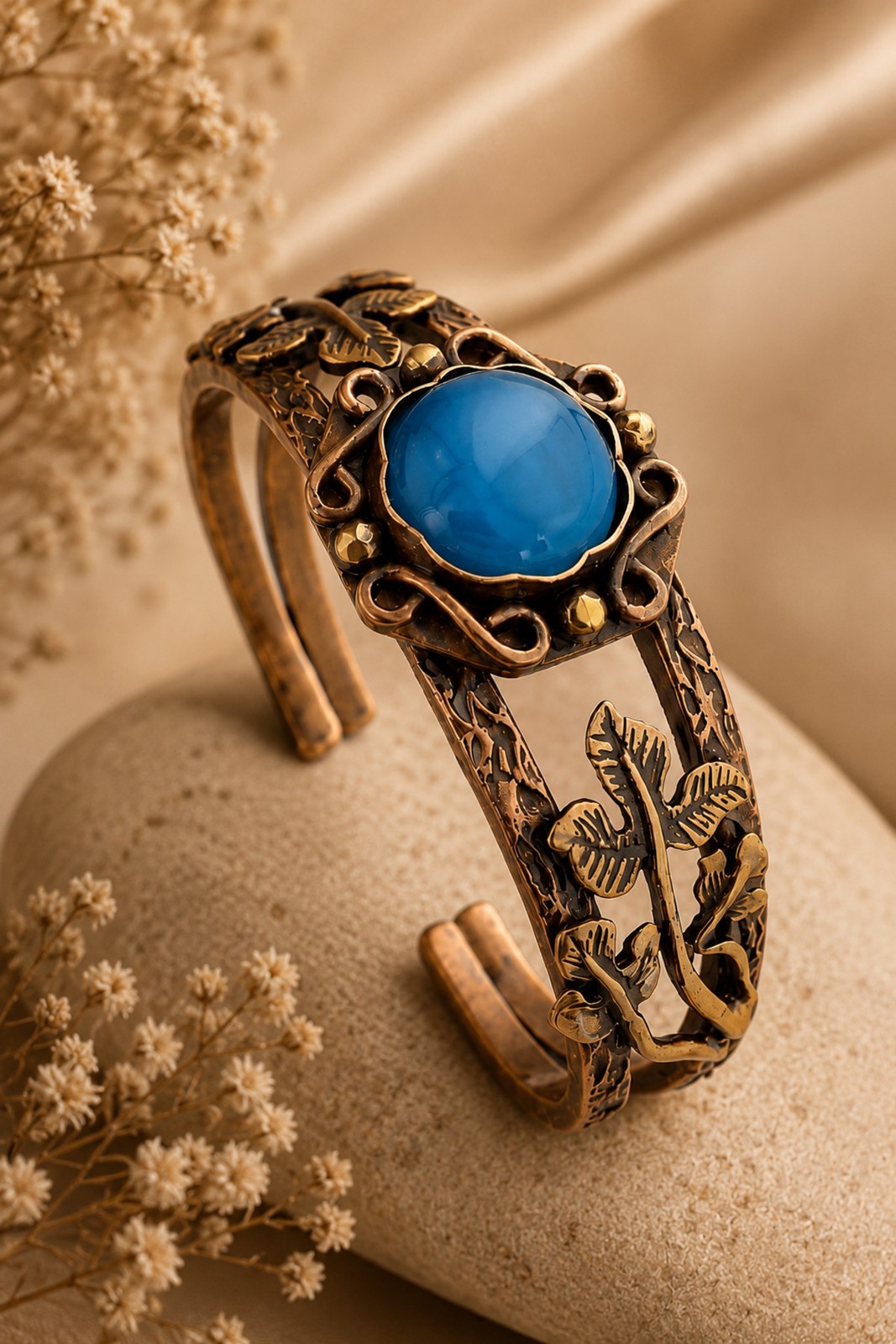 Women’s Blue Stone Copper Bracelet Leaf Fig�rl� Authentic Design Adjustable