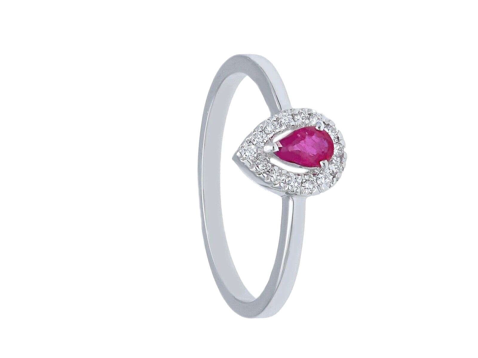 SOLID 18K WHITE GOLD RING WITH DROP CUT RUBIES 0.27 Carats AND DIAMONDS FRAME