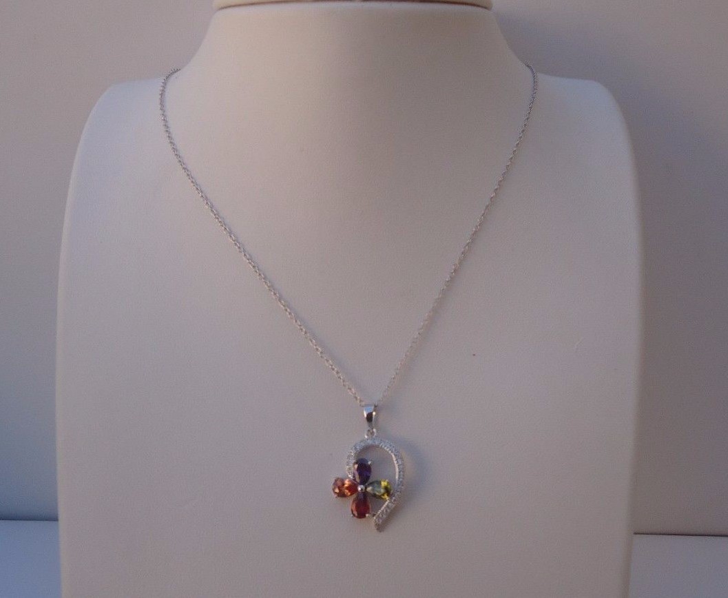 MULTI-COLOR NECKLACE PENDANT STERLING SILVER 2.75 CT SIMULATED DIAMOND/AMETHYST