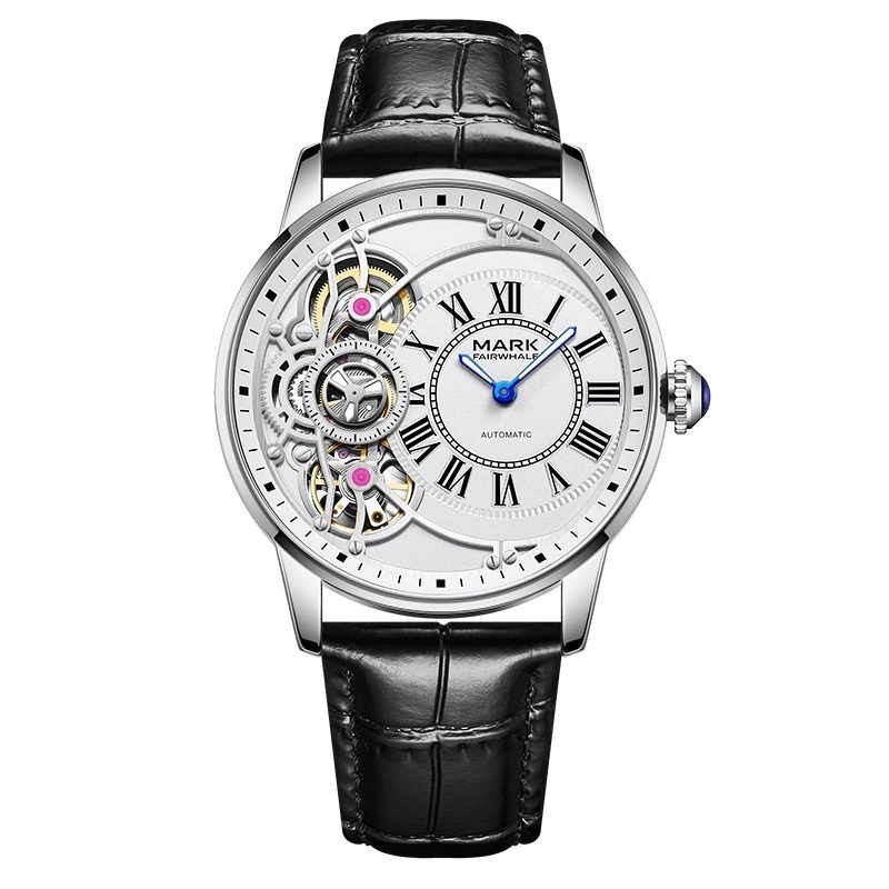 Mark Fairwhale Men Luxury Leather Skeleton Tourbillon Automatic Mechanical Watch