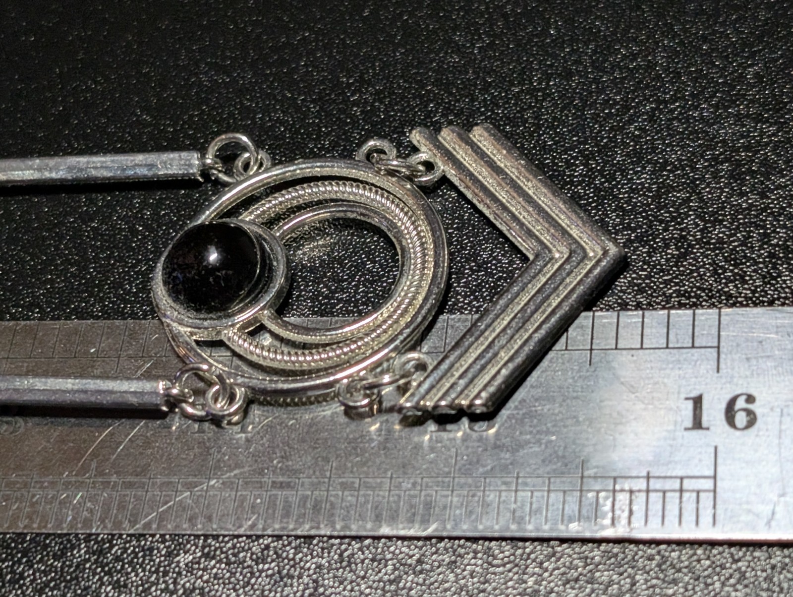 Vintage Art Deco Geometric Chevron Pendant Necklace Silver Tone Black Onyx Style