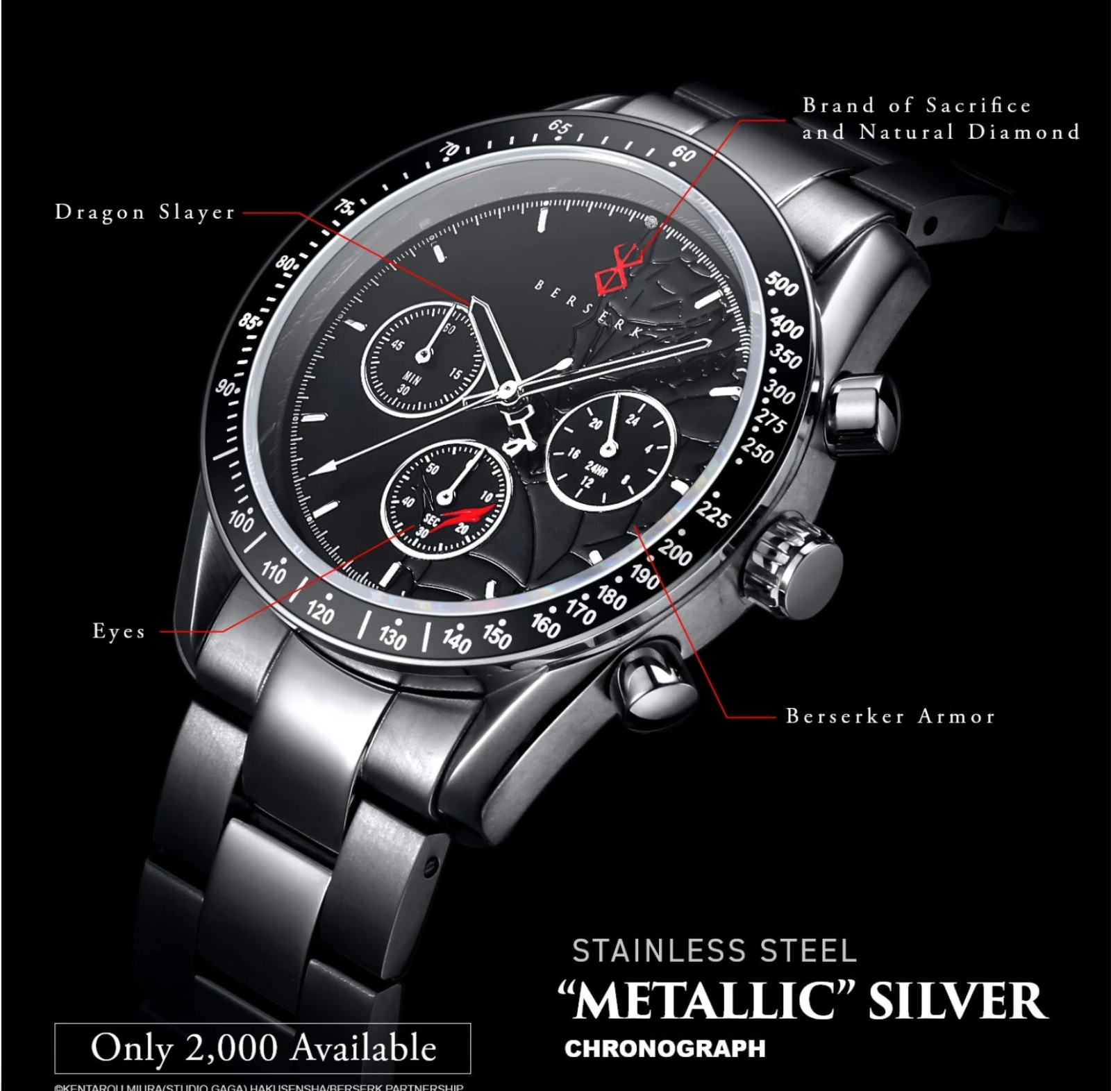 Anime Berserk Natural Diamond Chronograph Wristwatch All silve Limited 500