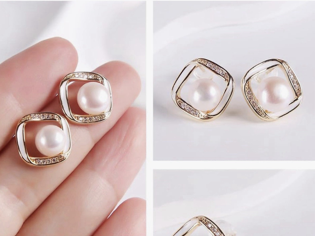 Gold Tone Square Stud Earrings w/ White Simulated Imitation Pearl & Crystal