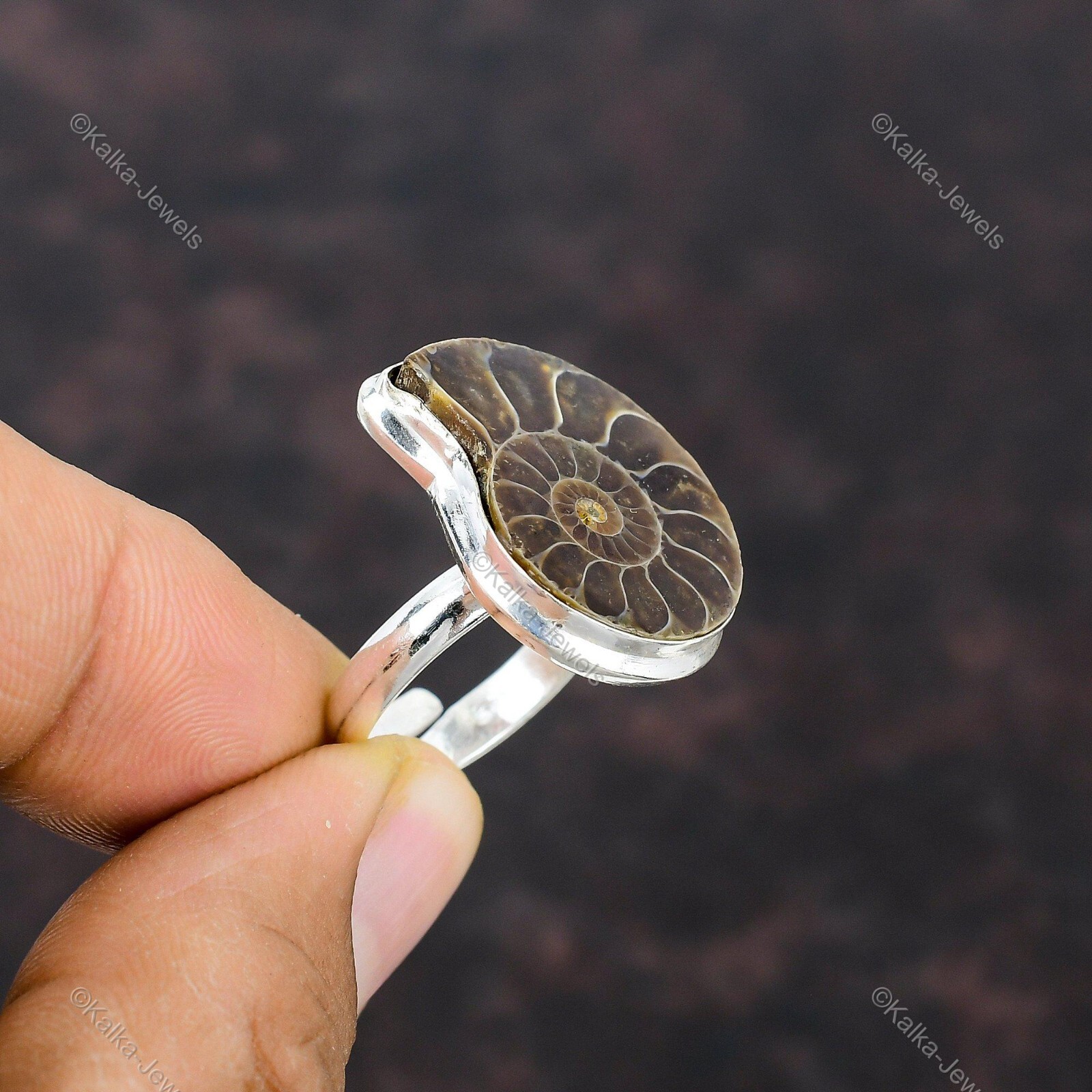 Natural Ammonite Fossil Gemstone Statement Adjustable Ring 925 Sterling Silver