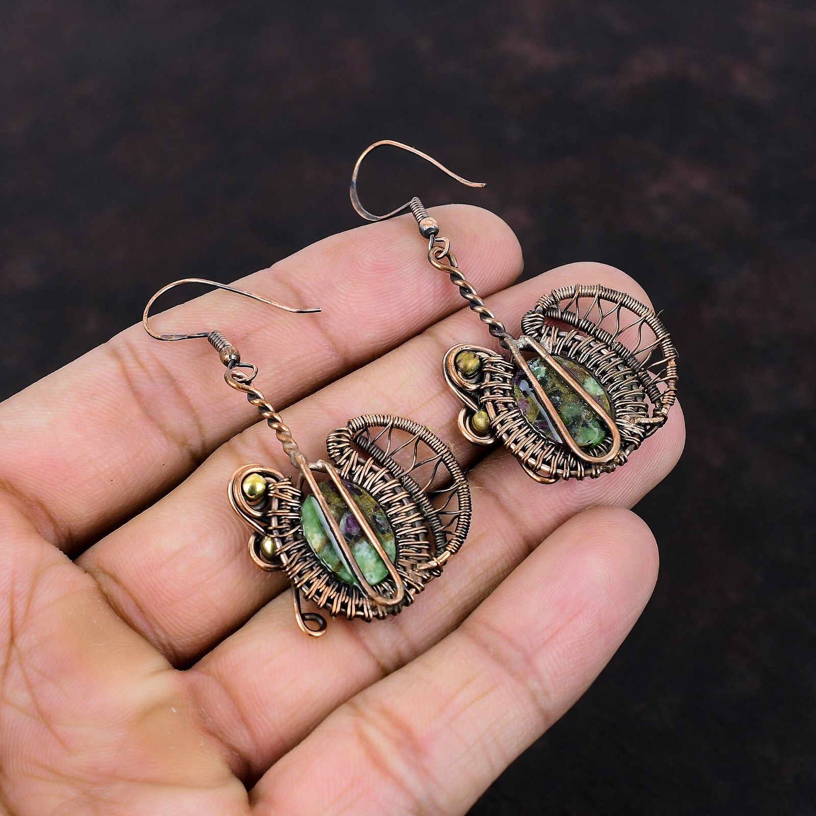 Gift For Women Wire Wrapped Drop/Dangle Earrings Copper Ruby Zoisite 2.28″