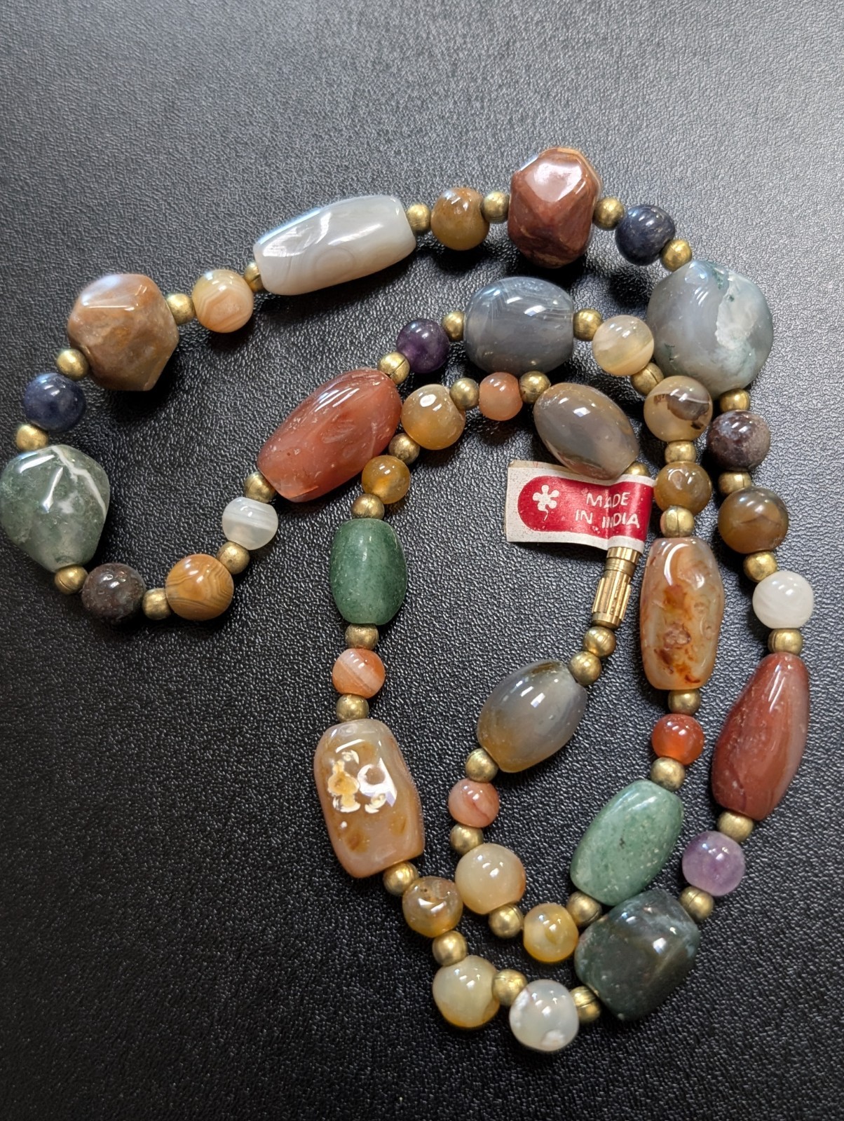Vintage Chunky Multi Agate Carnelian Quartz Stone Bead Necklace Made in India