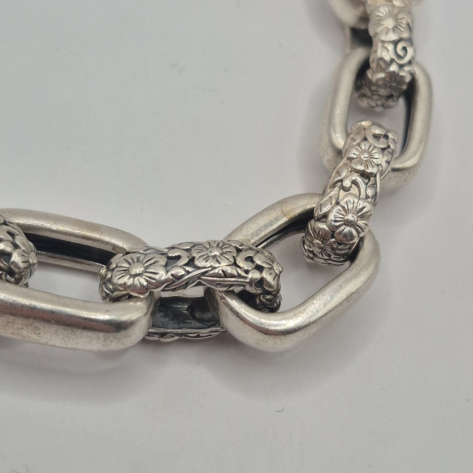 JAI Sterling Silver Chain Curb Link 44g Floral Link Motif Bracelet 925 6.75″