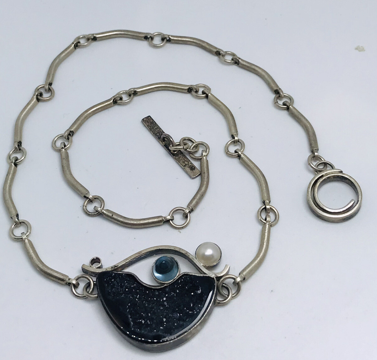 sterling silver brutalist modernist druzy blue eye necklace 17” Not Stamped