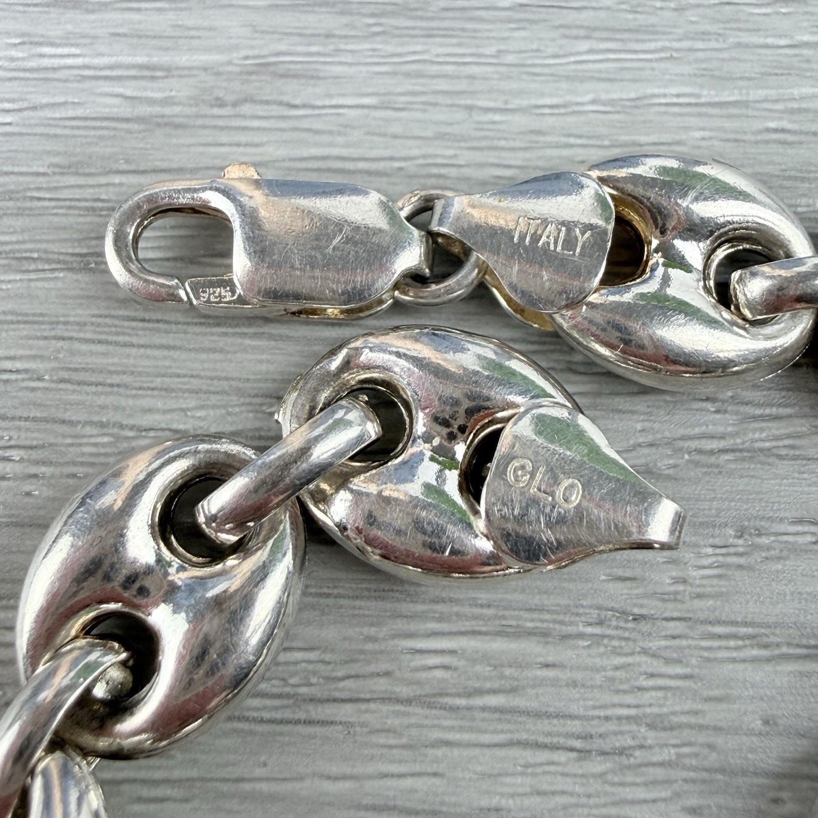 Vintage Sterling Silver 925 GLO Italy Puffy Mariner Anchor Link Chain Bracelet