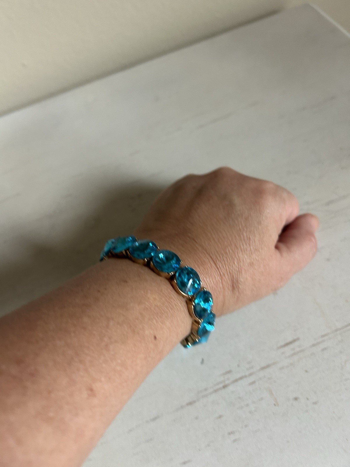 Gold Tone Blue Round Crystal Stackable Stretch Bangle Bracelet, No Clasp