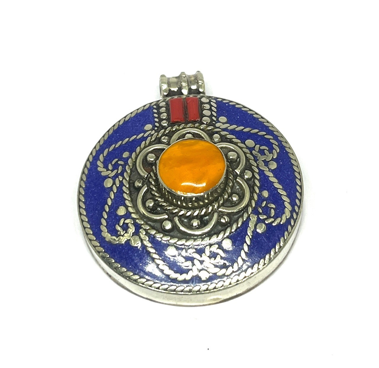 Art Deco Lapis Lazuli Amber Gemstone Tibetan Style Pendant Jewelry, 2.0 inch
