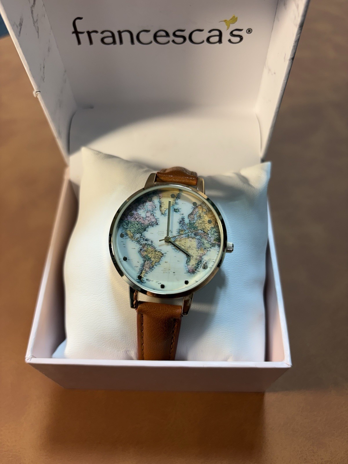 World Map Francescas Women’s Quartz Watch Gold Tone Ladies Leather Band,Box
